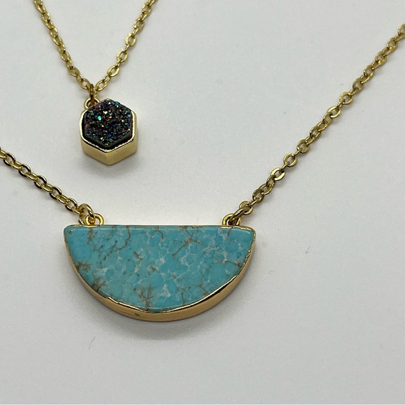 Dainty Delicate Double Strand ￼Turquoise and Drusy Stone Gold Tone BOHO Necklace - Picture 5 of 6